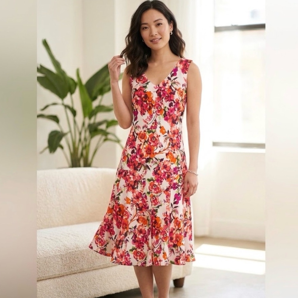 Jessica London Pink and Red Floral V-Neck Midi Dress